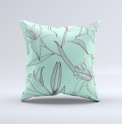 Teal & Brown Thin Flower Pattern ink-Fuzed Decorative Throw Pillow