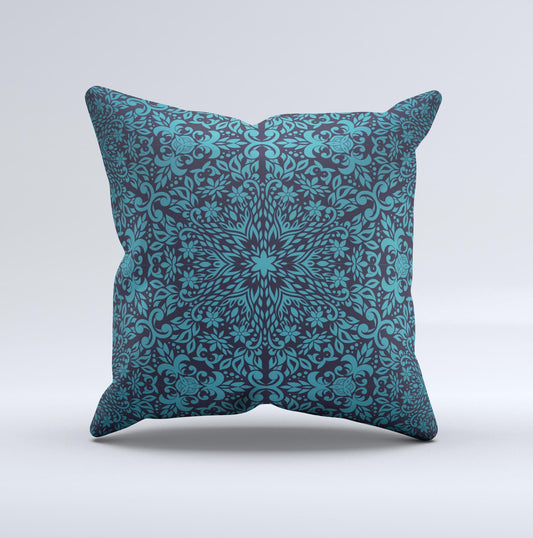 Teal Floral Mirrored Pattern ink-Fuzed Decorative Throw Pillow