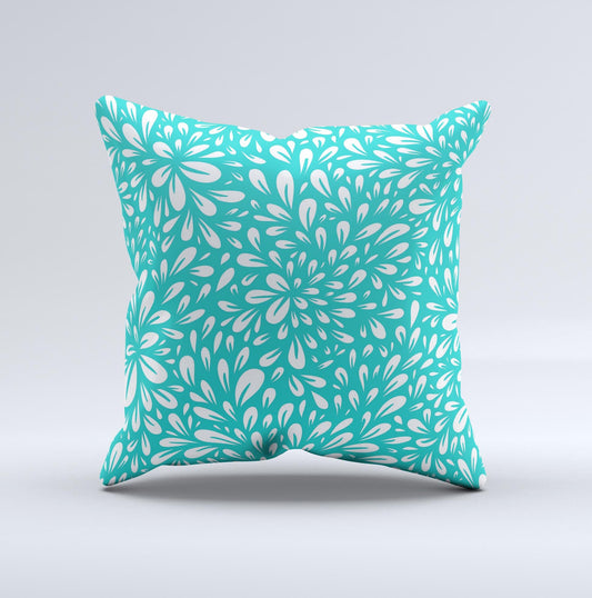 Teal and White Floral Sprout Ink-Fuzed Decorative Throw Pillow