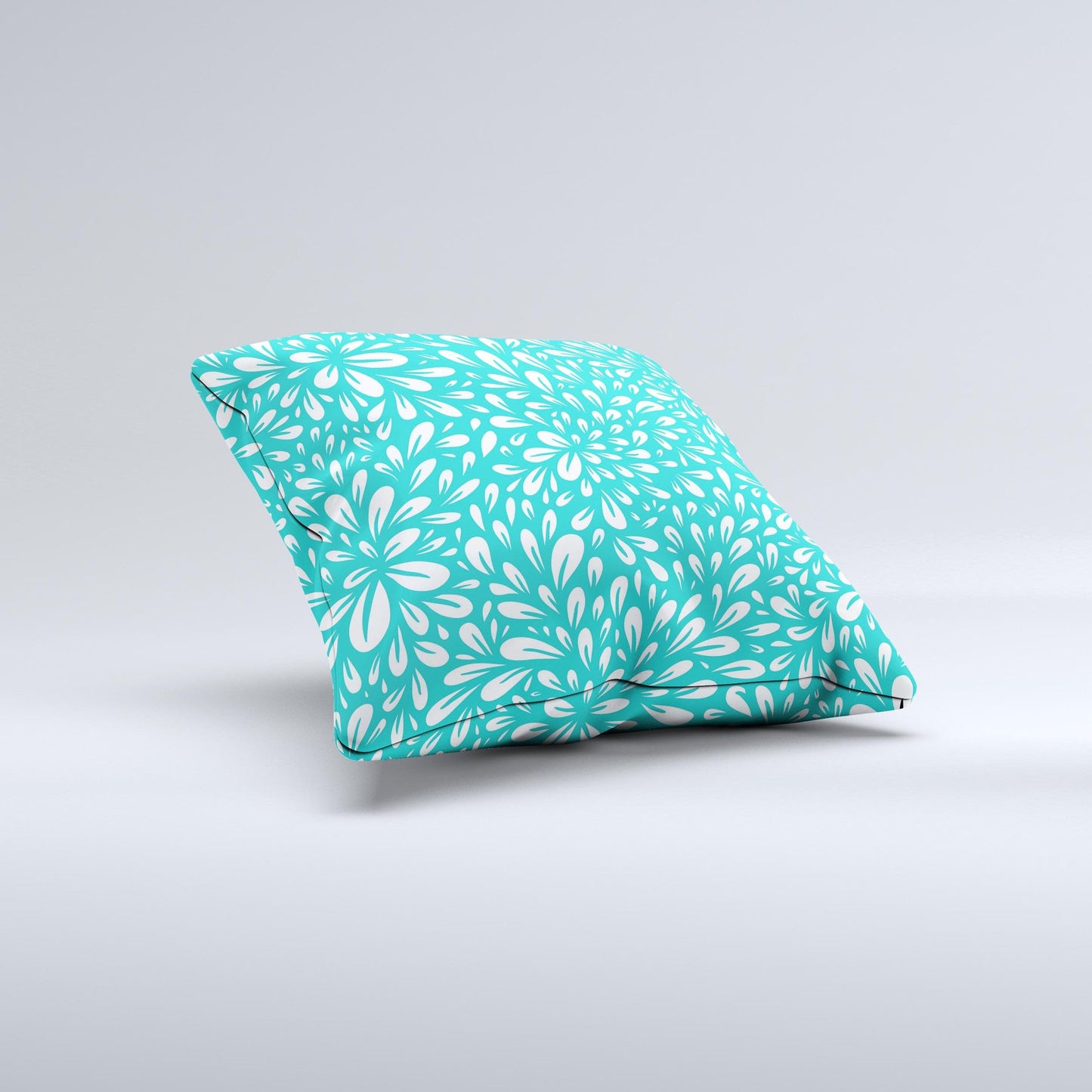 Teal and White Floral Sprout Ink-Fuzed Decorative Throw Pillow