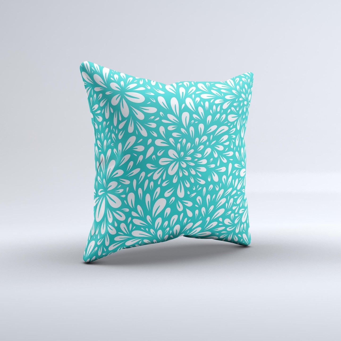 Teal and White Floral Sprout Ink-Fuzed Decorative Throw Pillow