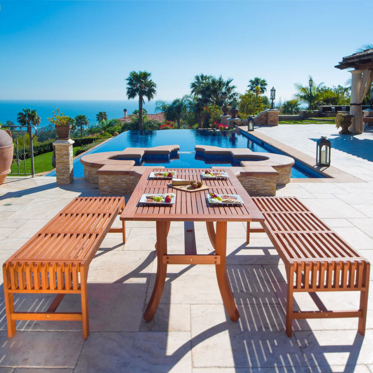 Malibu 3 Piece Wood Outdoor Dining Set with Backless Benches