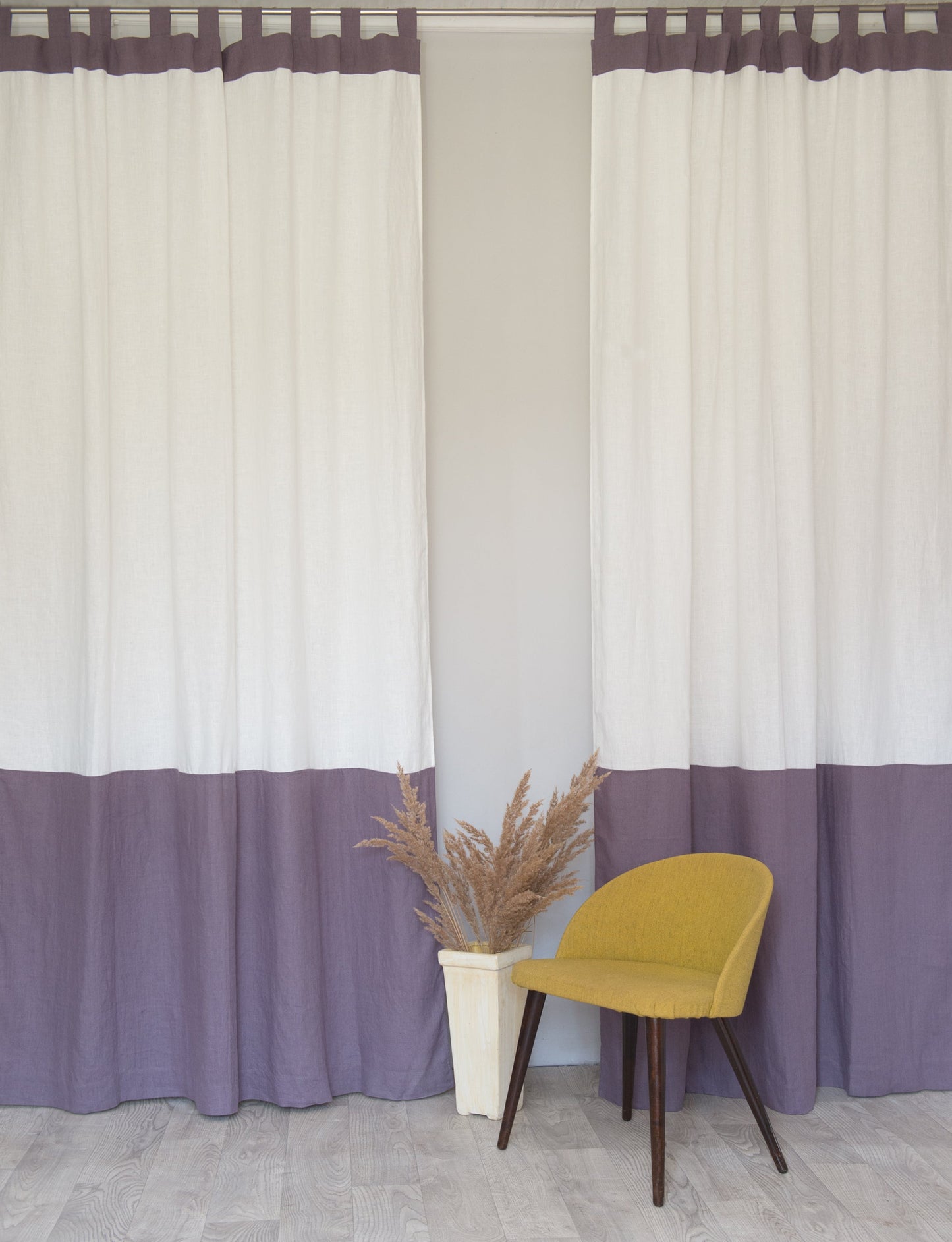 Two-Colored Tab Top Linen Curtain & Drape in White and Natural Light