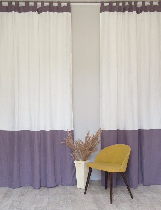 Two-Colored Tab Top Linen Curtain & Drape in White and Pastel Plum