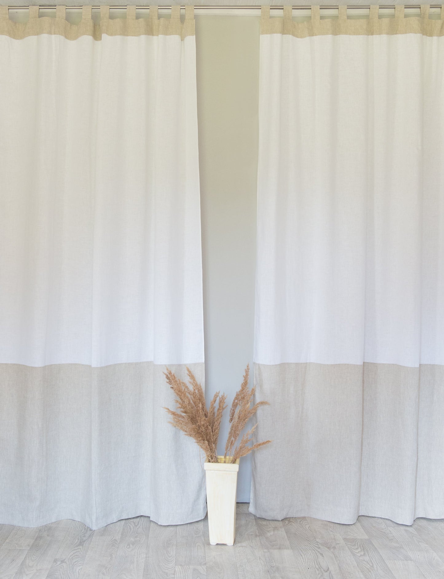 Two-Colored Tab Top Linen Curtain & Drape in White and Natural Light