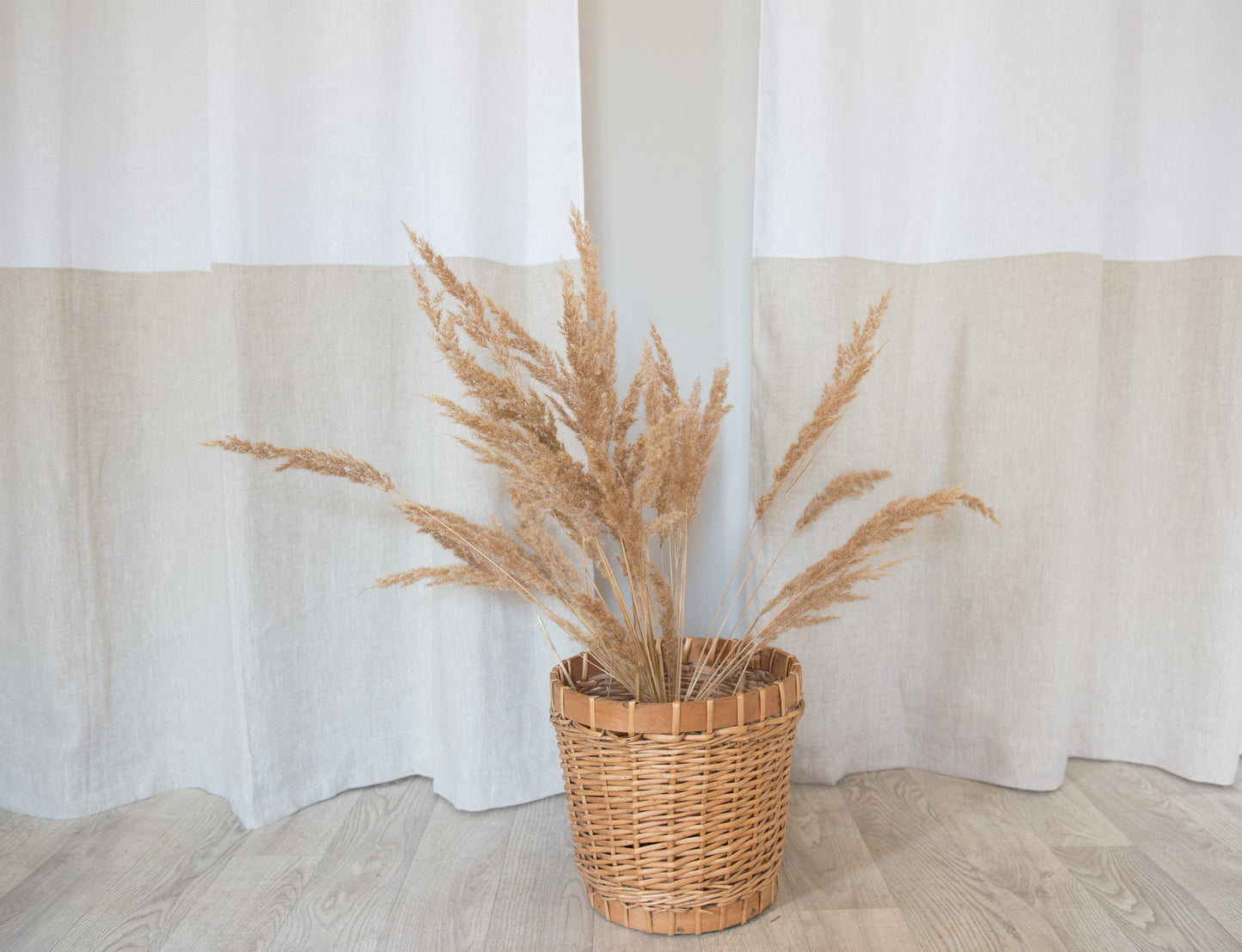 Two-Colored Tab Top Linen Curtain & Drape in White and Natural Light