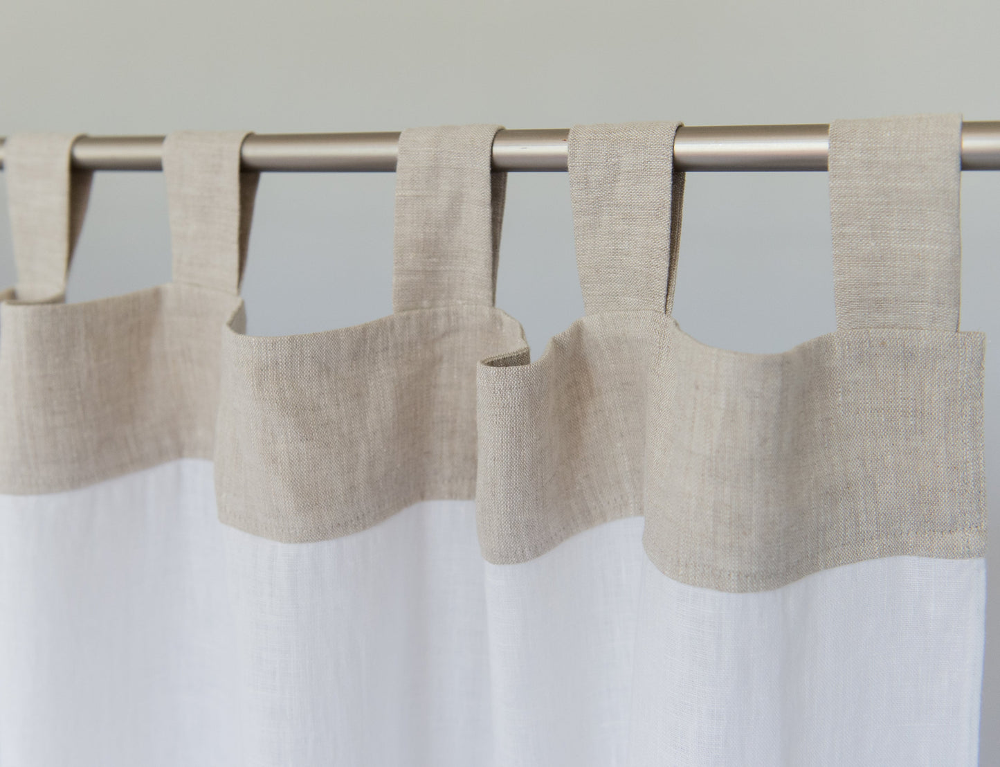 Two-Colored Tab Top Linen Curtain & Drape in White and Natural Light