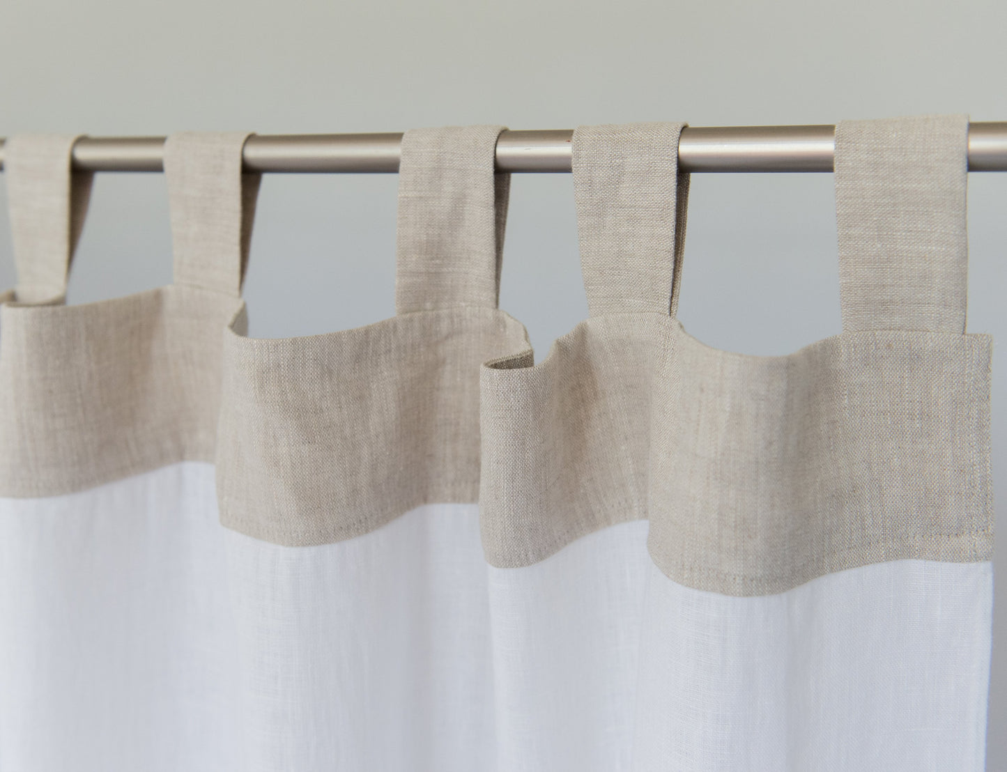 Two colored Tab Top Linen Curtain & Drape in White and Pastel Plum