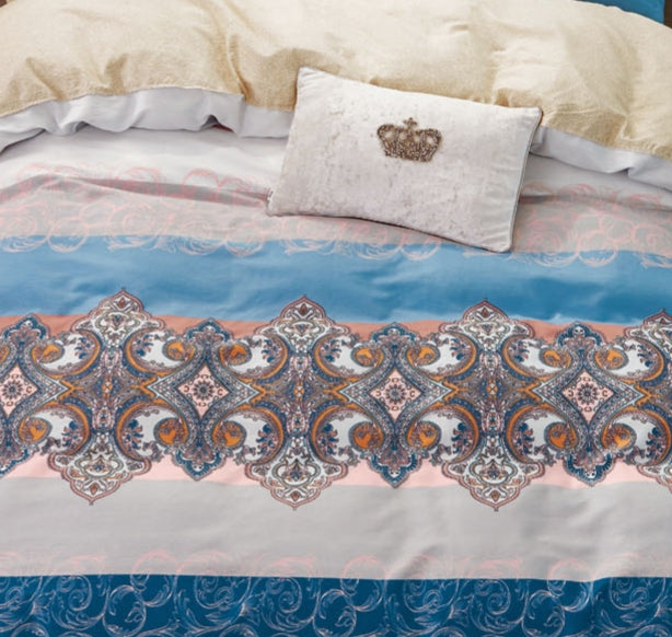 Hannah Blue/Pink Damask Duvet Cover Set Queen/Full