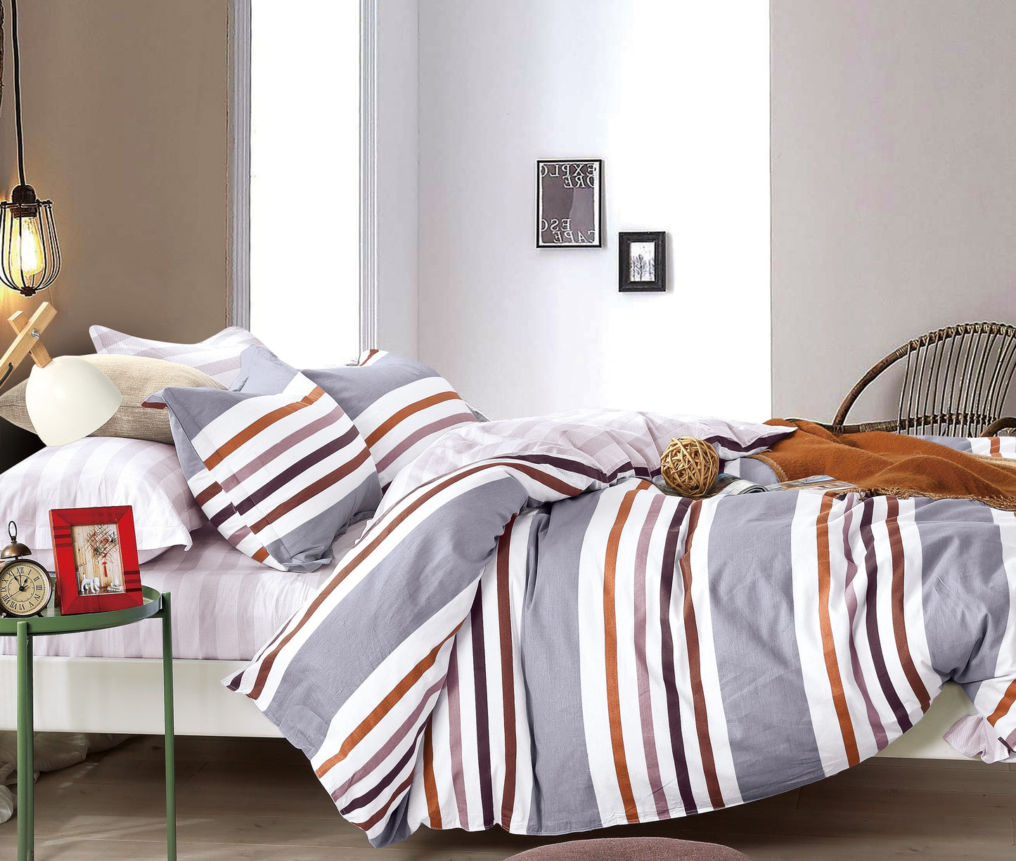 Denver Gray/Brown Striped 100% Cotton Comforter Set