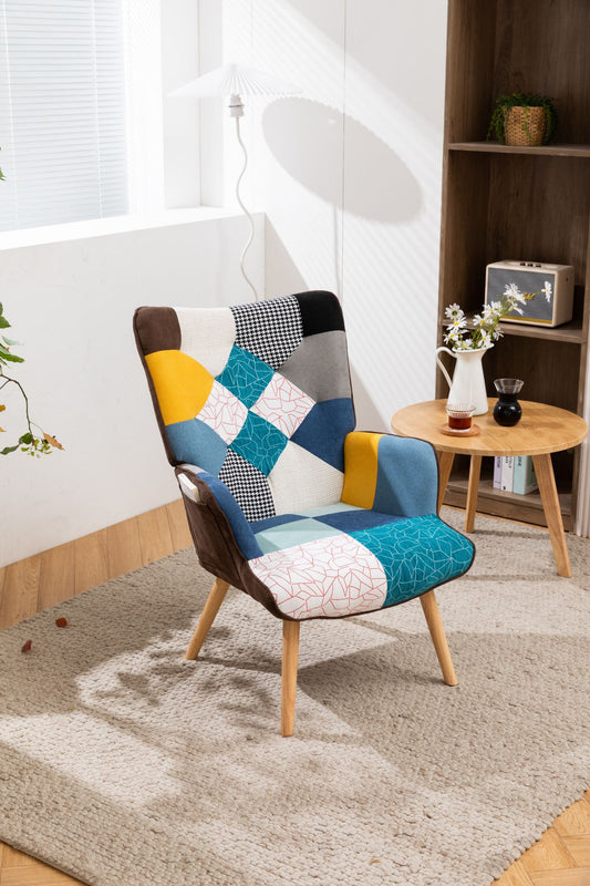 Modern Patchwork Accent Chair with Solid Wood Armrest and Feet, Mid-Century Modern Accent Sofa, Fabric Sofa Chair for Living Room Bedroom Studio, Comfy Side Armchair for Bed