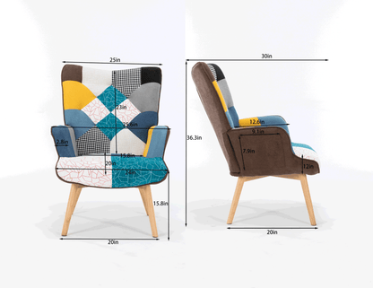 Modern Patchwork Accent Chair with Solid Wood Armrest and Feet, Mid-Century Modern Accent Sofa, Fabric Sofa Chair for Living Room Bedroom Studio, Comfy Side Armchair for Bed