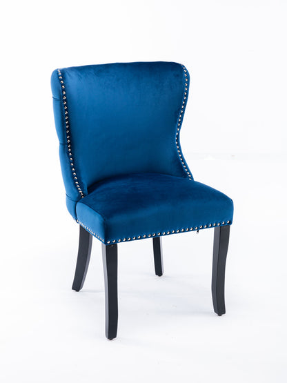 Set of 2 upholstered wing-back dining chair with backstitching nailhead trim and solid wood legs Blue