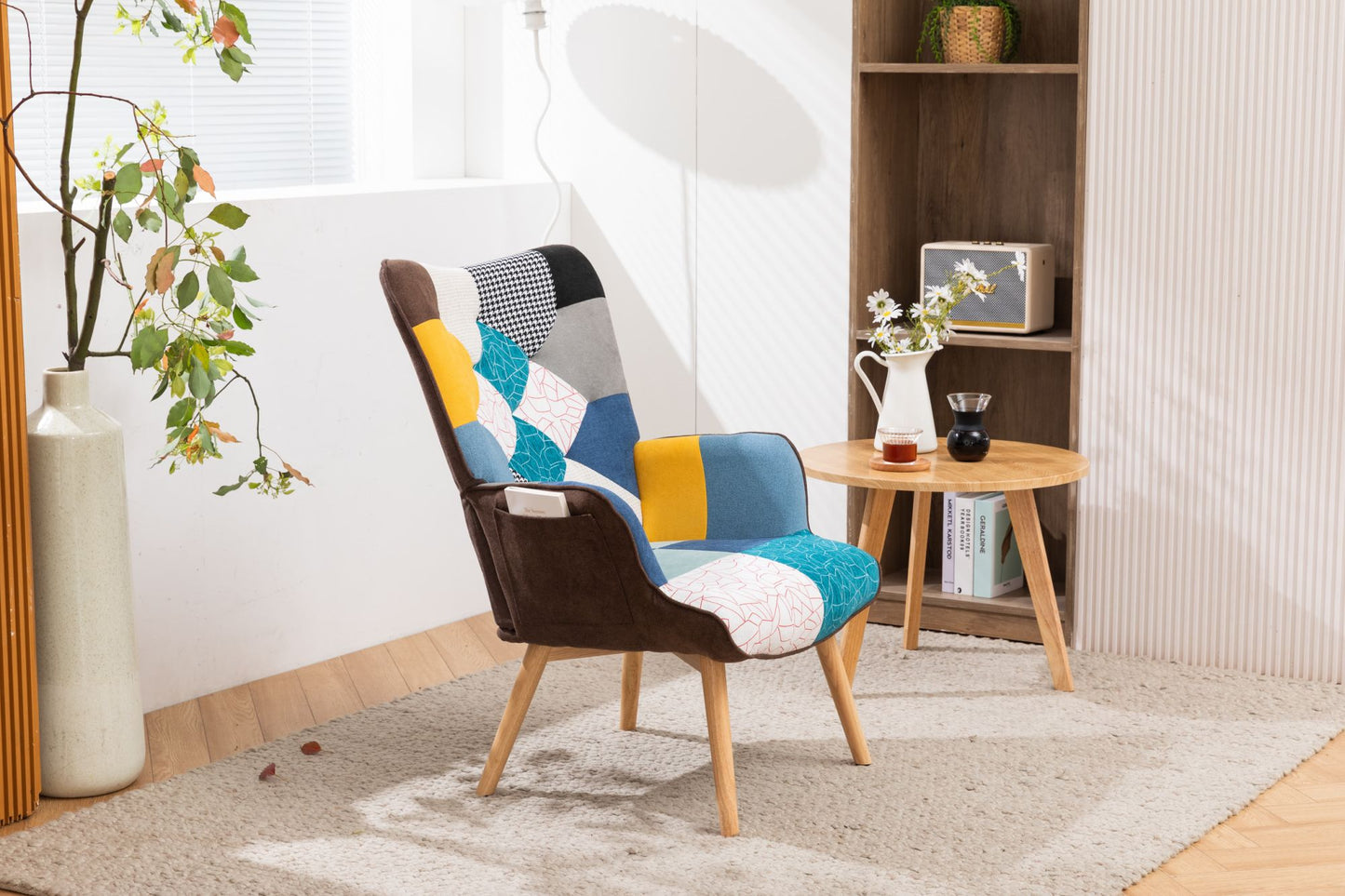 Modern Patchwork Accent Chair with Solid Wood Armrest and Feet, Mid-Century Modern Accent Sofa, Fabric Sofa Chair for Living Room Bedroom Studio, Comfy Side Armchair for Bed