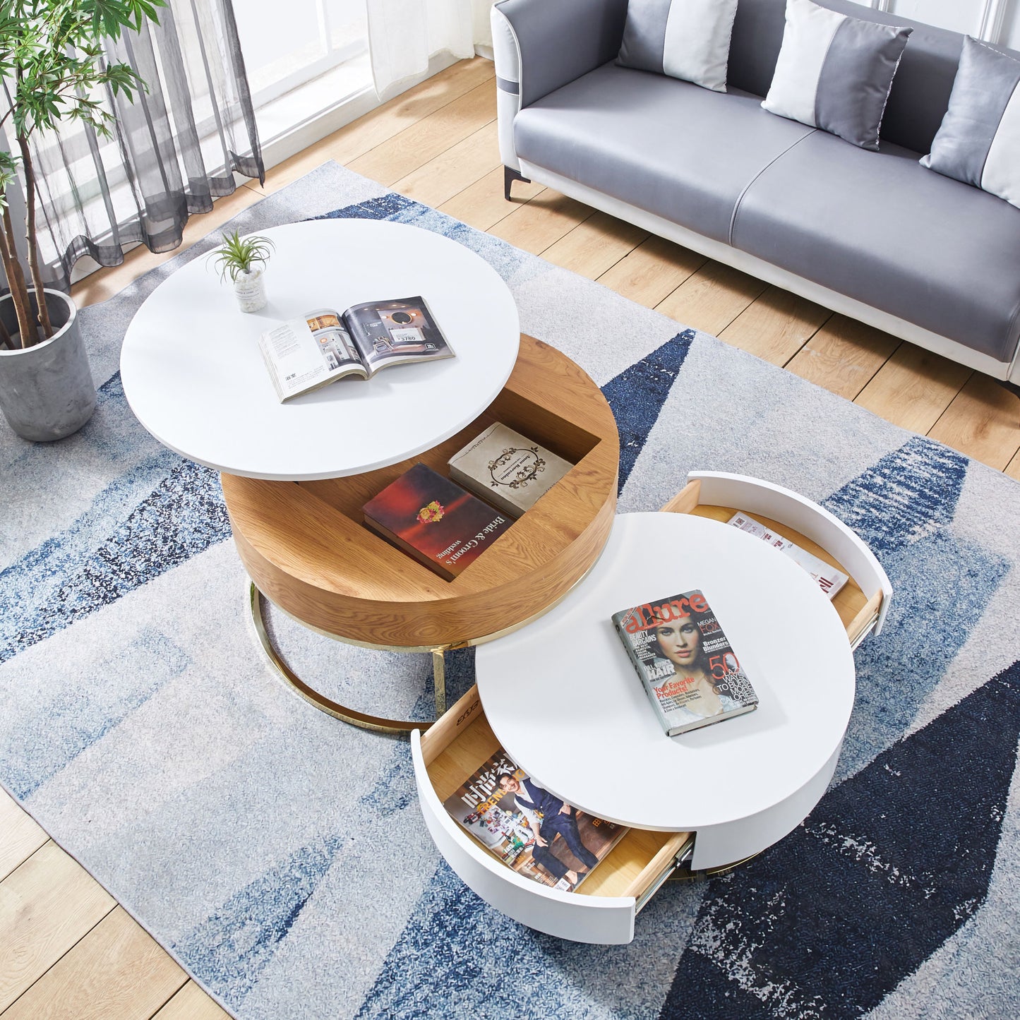 Modern Nesting MDF Coffee Table Set of 2; Round White End Table with Gold Finish Metal Base for Living Room