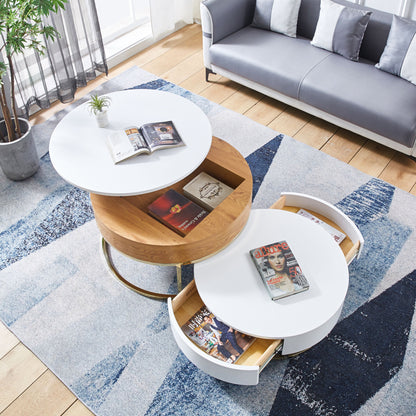 Modern Nesting MDF Coffee Table Set of 2; Round White End Table with Gold Finish Metal Base for Living Room