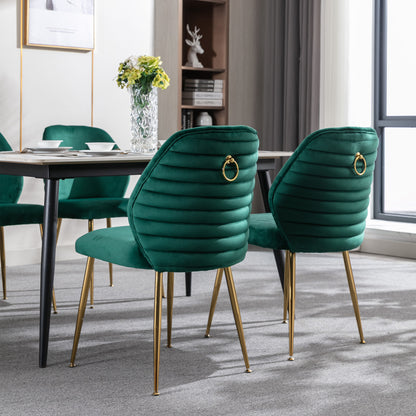 Modern Dining Chair Set of 2; Woven Velvet Upholstered Side Chairs with Barrel Backrest and Gold Metal Legs; Accent Chairs for Living Room Bedroom; Green