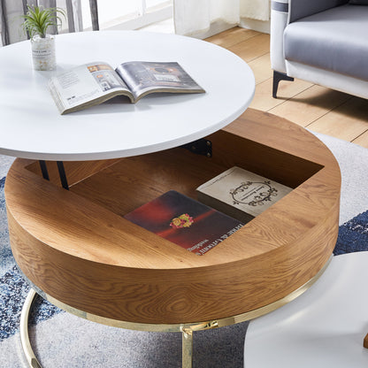 Modern Nesting MDF Coffee Table Set of 2; Round White End Table with Gold Finish Metal Base for Living Room