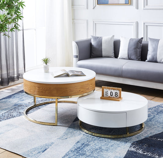 Modern Nesting MDF Coffee Table Set of 2; Round White End Table with Gold Finish Metal Base for Living Room