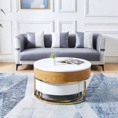 Modern Nesting MDF Coffee Table Set of 2; Round White End Table with Gold Finish Metal Base for Living Room